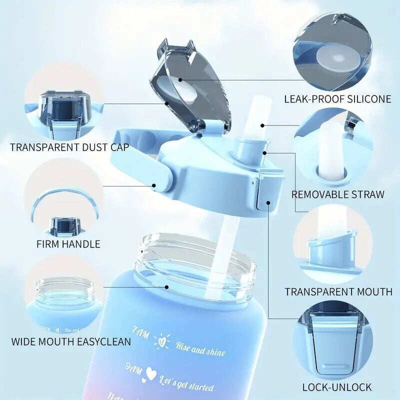 Sports Water Bottle Travel Leakproof Large Gym Drinking Time Marker with Straw