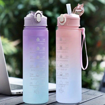 Sports Water Bottle Travel Leakproof Large Gym Drinking Time Marker with Straw